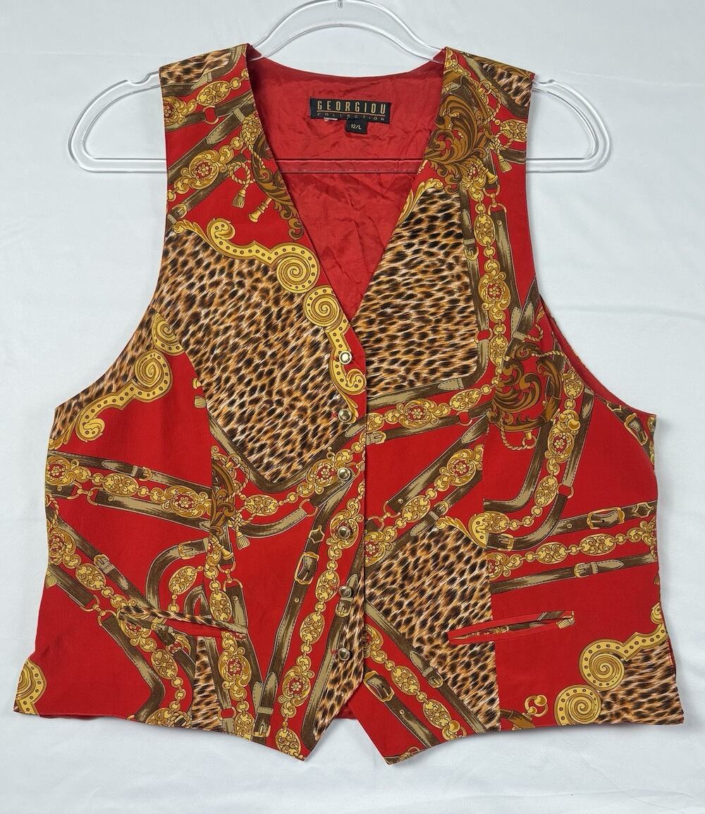 Vintage Maximalist Silk Vest Red Leopard Baroque Chain Scarf Print 90s Sz 12/L
